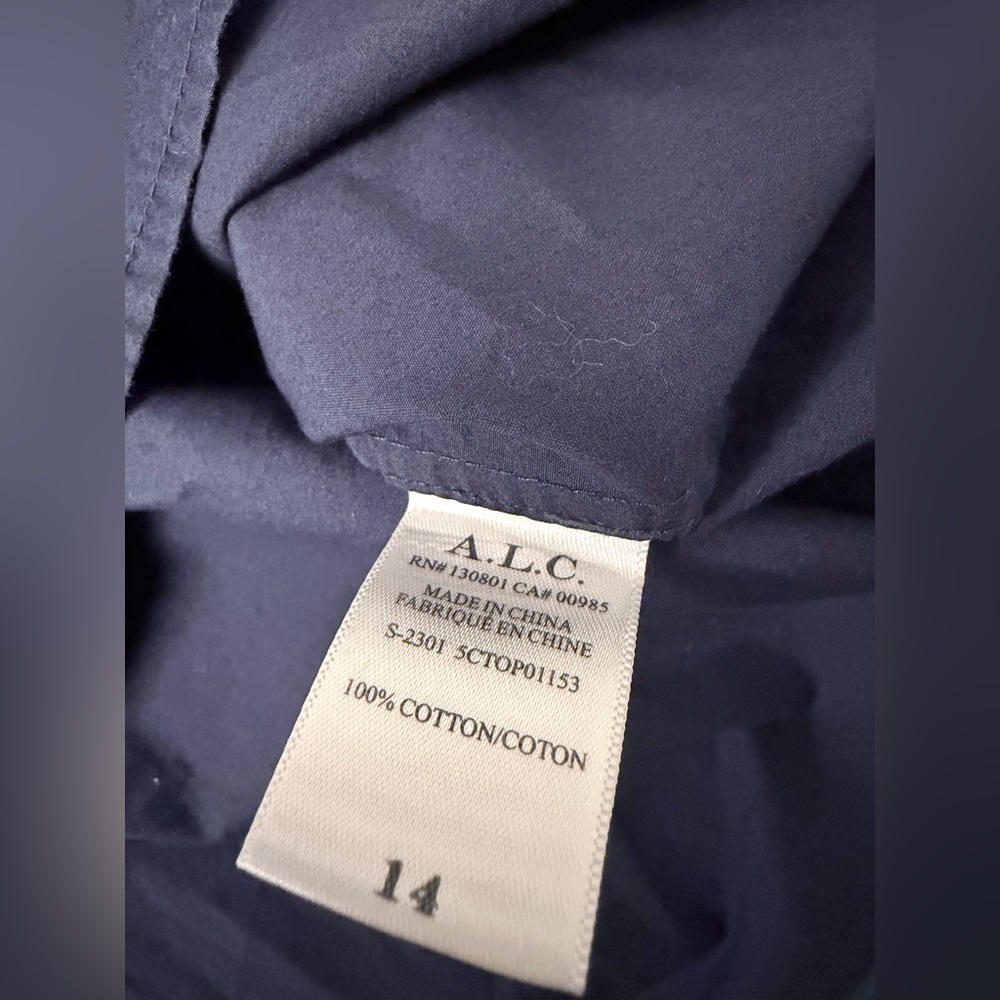 A.L.C. Chloe Blouse Top Navy Blue Cotton 1/2 Sleeve Button Down Sz 14 - Picture 7 of 9